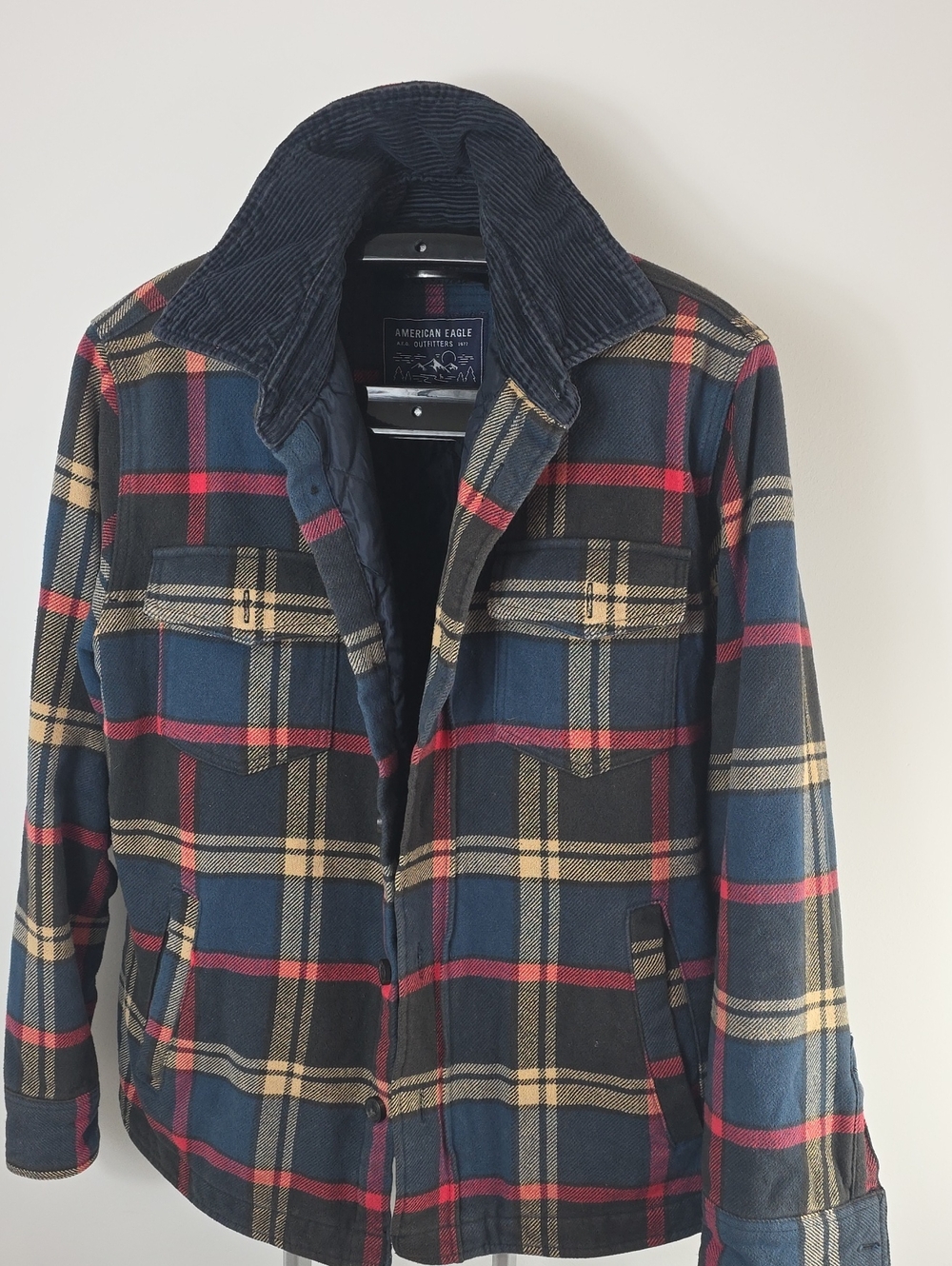American Eagle Outfitters Navy Plaid Jacket with Red & Tan Accents